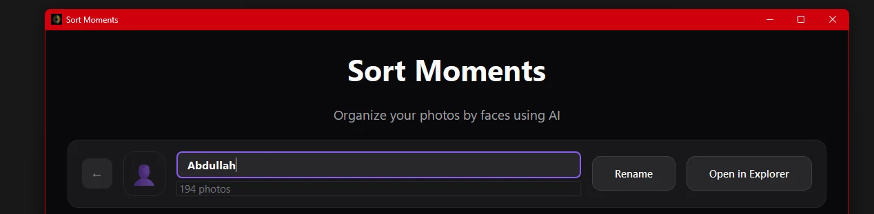 Renaming a detected person folder in Sort Moments