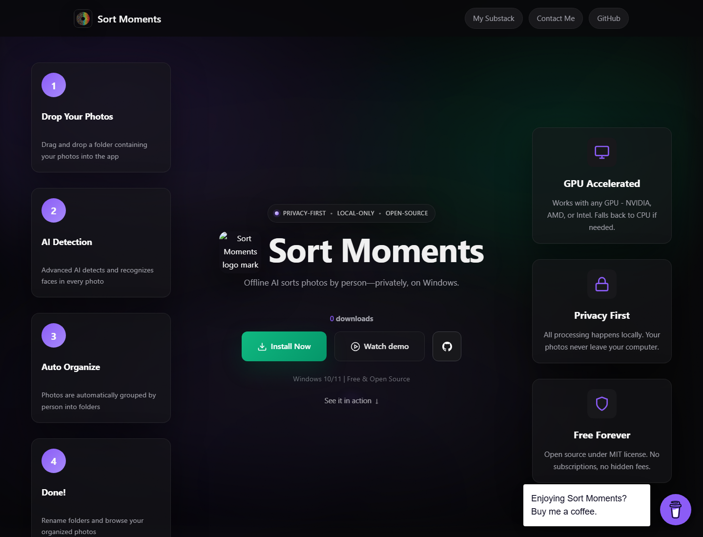 Screenshot of the first-generation Sort Moments homepage with a purple dark theme and older hero layout.